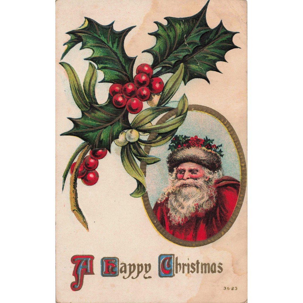 Christmas Postcard Santa Claus Holly Mistletoe Embossed Antique c1910 3623 - Picture 1 of 2